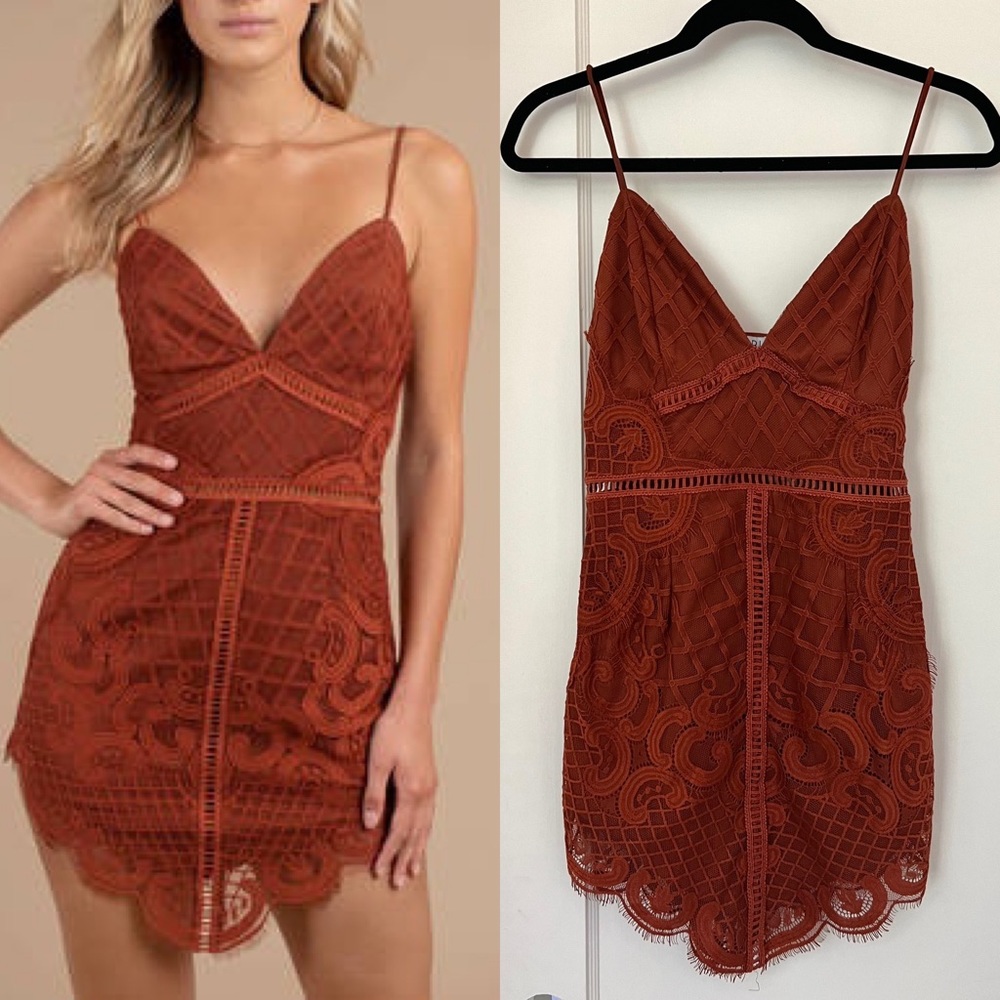 Tobi In Hindsight Lace Bodycon mini dress in rust size S